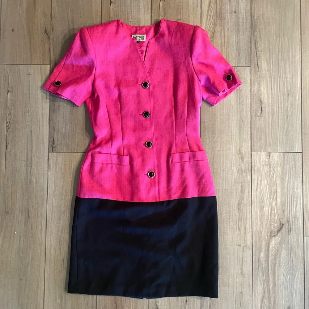 Kasper for ASL Petite Vintage Pink and Black 1980s Color Block Dress - Picture 1 of 3